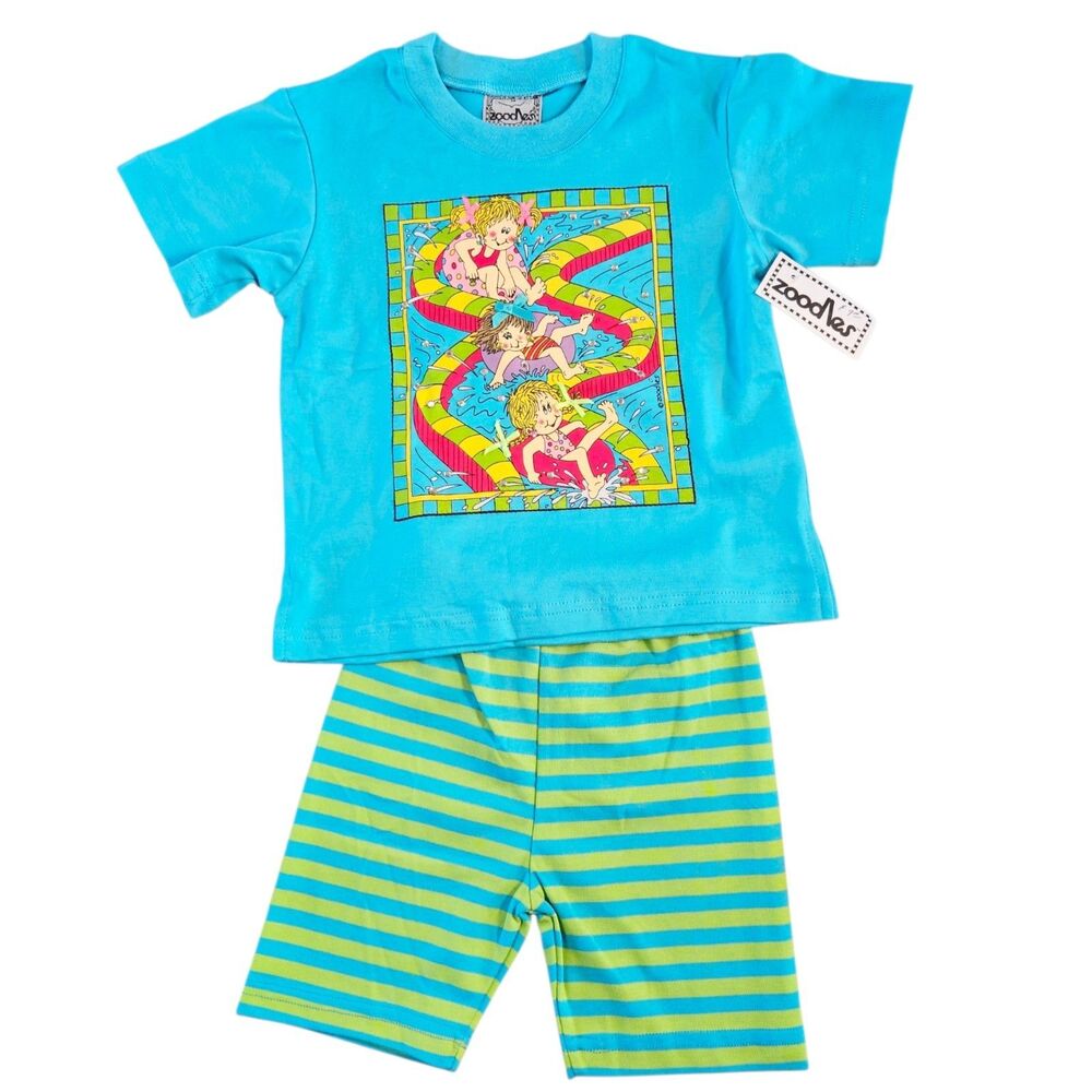 Vintage Zoodles T Shirt & Shorts Set Size 4 Blue Green Lazy River Graphic NWT